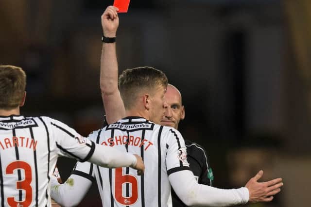 Dunfermline's Lee Ashcroft is sent off by referee Bobby Madden. Picture: Bruce White/SNS