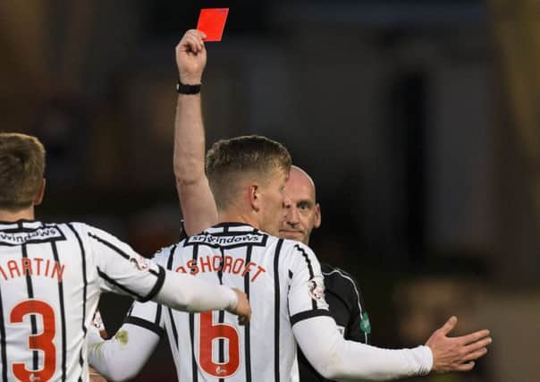 Dunfermline's Lee Ashcroft is sent off by referee Bobby Madden. Picture: Bruce White/SNS