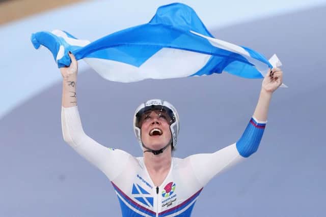 Katie Archibald celebrates winning gold for Scotland in the women's 3,000m individual pursuit during the Gold Coast Commonwealth Games. Picture: Getty