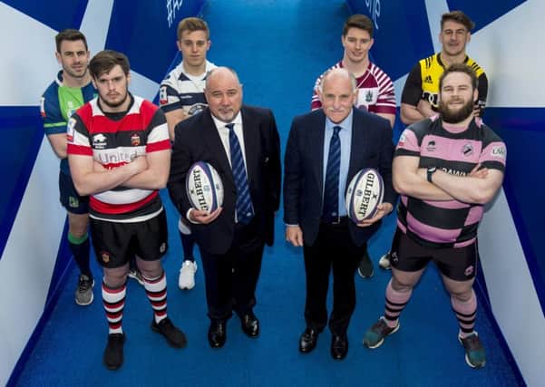 Back row (left to right): Chris Laidlaw (Boroughmuir), Nick Sutherland (Heriots), Ross Graham (Watsonians), Craig Jackson (Melrose). Front row (left to right): Ross Bundy (Stirling County), Scottish Rugby chief executive Mark Dodson, Scottish Rugby president Rob Flockhart and Steven Longwell (Ayr). Pictured at BT Murrayfield yesterday. Picture: Alan Harvey/SNS/SRU