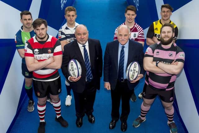 Back row (left to right): Chris Laidlaw (Boroughmuir), Nick Sutherland (Heriots), Ross Graham (Watsonians), Craig Jackson (Melrose). Front row (left to right): Ross Bundy (Stirling County), Scottish Rugby chief executive Mark Dodson, Scottish Rugby president Rob Flockhart and Steven Longwell (Ayr). Pictured at BT Murrayfield yesterday. Picture: Alan Harvey/SNS/SRU