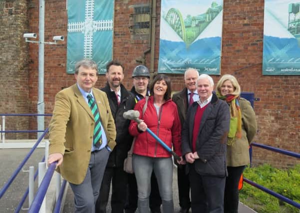 From left to right are: The chief executive of Apex Scotland, Alan Staff, Lindley Kirkpatrick Borders Railway programme executive, Sam Lawrie of All Cleaned Up,Track2Train board member Dot Horne, the chair of Apex Scotland, Brian Fearon, Councillor Russell Imrie and Apex Scotland's  Dodie Piddock.