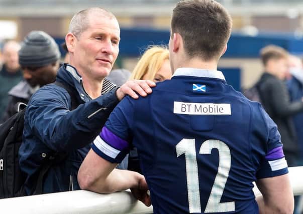 Former England coach Stuart Lancaster and his son Dan, who plays for Scotlands under-18s. Picture: SNS/SRU.