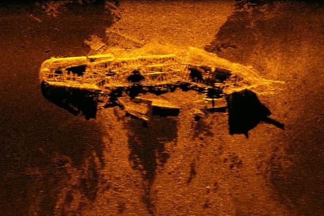 A sonar image of a shipwreck found on the ocean seabed. Picture: Australian Transport Safety Bureau/AFP