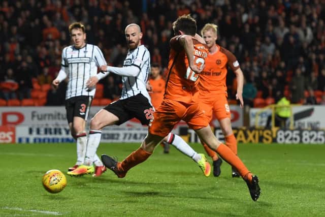 Sam Stanton scores Dundee Uniteds winner on 70 minutes to book the Tannadice clubs play-off semi-final date with Livingston. Picture: SNS.