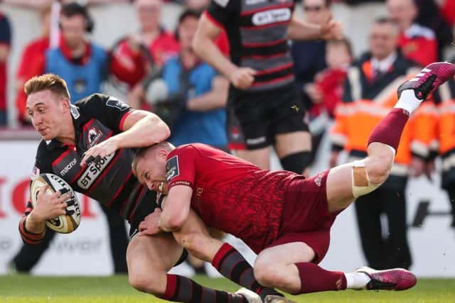 Keith Earls stops Dougie Fife in his tracks at Thomond Park. Picture: Billy Stickland/INPHO/REX/Shutterstock