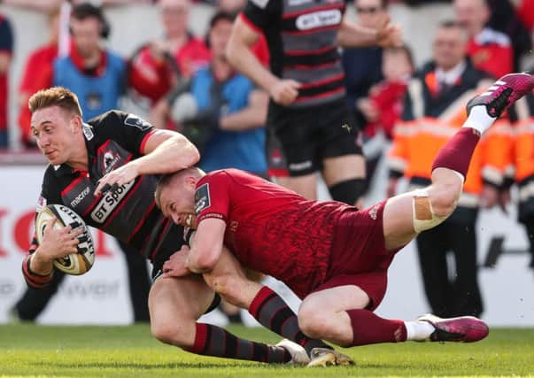 Keith Earls stops Dougie Fife in his tracks at Thomond Park. Picture: Billy Stickland/INPHO/REX/Shutterstock