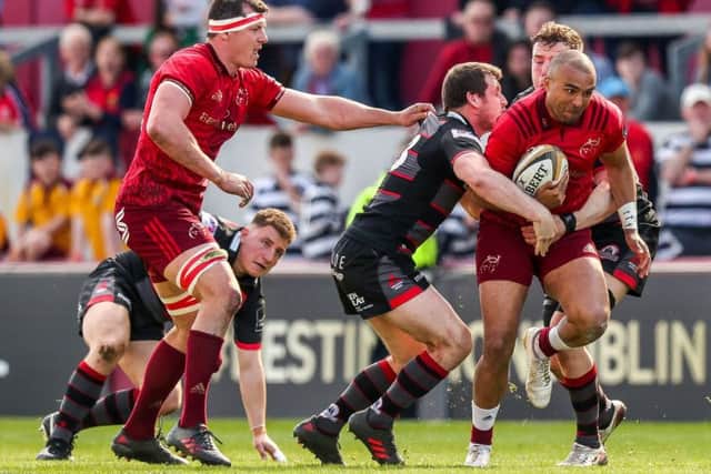 Simon Zebo is tackled by Edinburgh centre Mark Bennett, but the Irishman was to have a telling impact on the game. Picture: Rex/Shutterstock