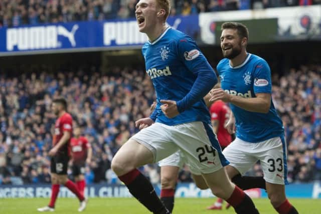 David Bates celebrates after scoring the only goal of the game as Rangers defeat Kilmarnock. Picture: SNS