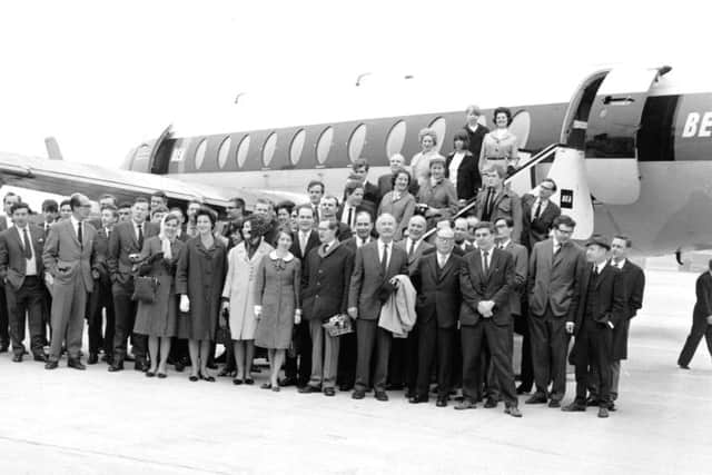 The first passengers to arrive at Abbotsinch Airport in May 1966 after landing on a flight from London. PIC: TSPL.