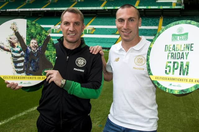 Celtic manager Brendan Rodgers and captain Scott Brown promote season tickets for next season. Picture: Alan Harvey/SNS