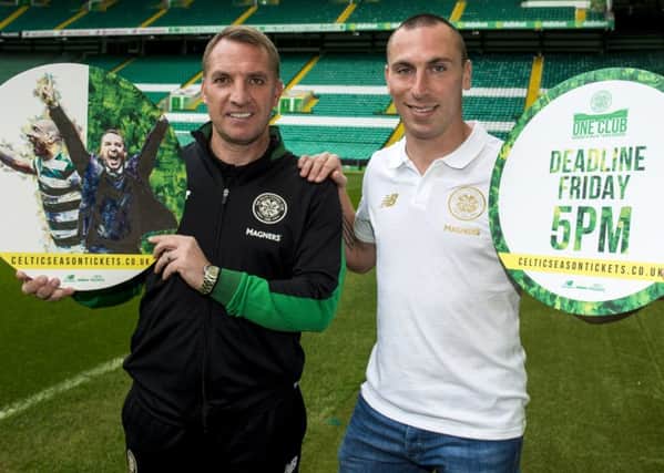 Celtic manager Brendan Rodgers and captain Scott Brown promote season tickets for next season. Picture: Alan Harvey/SNS