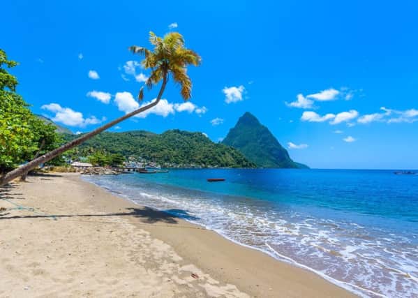 Paradise beach at Soufriere Bay with view to Piton, Saint Lucia