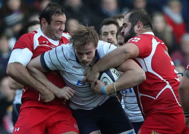 Scotland's Jonny Gray takes on two of Georgia's formidable forwards at Rugby Park in Kilmarnock in 2016. Picture: Ian MacNicol/Getty Images