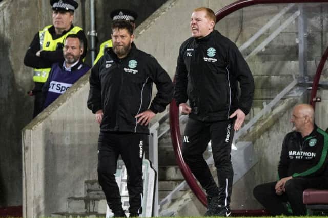 Garry Parker, left, had to stand in for Neil Lennon yesterday when the Hibs manager slept in. Picture: SNS.