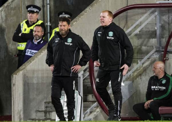 Garry Parker, left, had to stand in for Neil Lennon yesterday when the Hibs manager slept in. Picture: SNS.