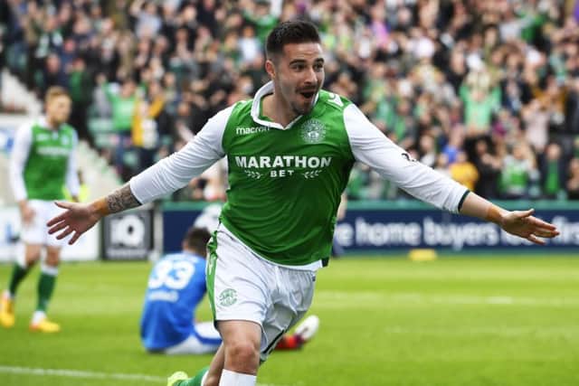 Jamie Maclaren celebrates his first goal in a classic encounter at Easter Road. Picture: SNS