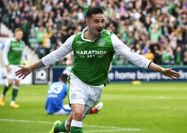 Jamie Maclaren celebrates his first goal in a classic encounter at Easter Road. Picture: SNS