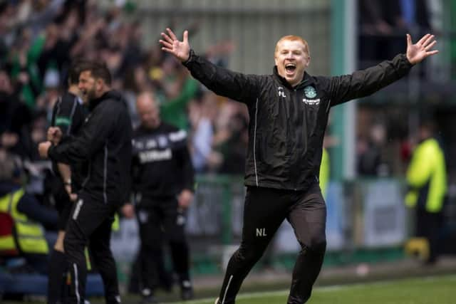 Neil Lennon celebrates Hibs' equaliser at Easter Road. Picture: SNS