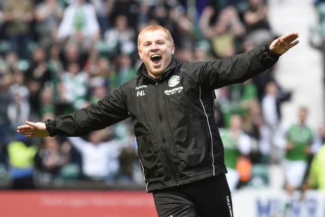 Hibs head coach Neil Lennon celebrates during the 5-5 draw with Rangers. Pic: SNS