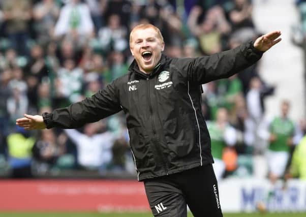 Hibs head coach Neil Lennon celebrates during the 5-5 draw with Rangers. Pic: SNS
