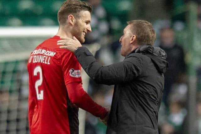 Stephen O'Donnell talks with Celtic boss Brendan Rodgers after Kilmarnock's recent 0-0 draw at Celtic Park. Picture: SNS