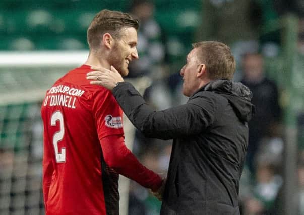 Stephen O'Donnell talks with Celtic boss Brendan Rodgers after Kilmarnock's recent 0-0 draw at Celtic Park. Picture: SNS