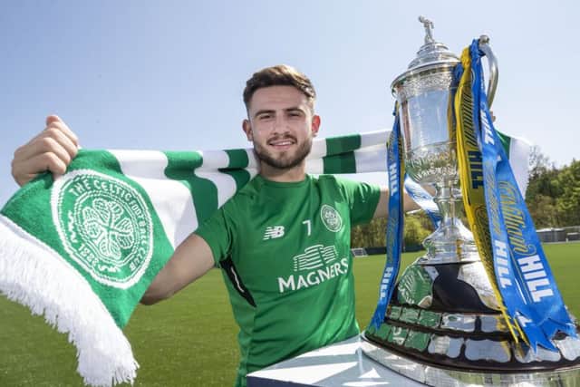 Celtic winger Patrick Roberts poses with the William Hill Scottish Cup. Picture: Steve Welsh