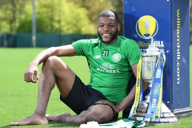 Celtic midfielder Olivier Ntcham takes some time out at Lennoxtown to promote Saturday's Scottish Cup final against Motherwell. Picture: Craig Williamson/SNS