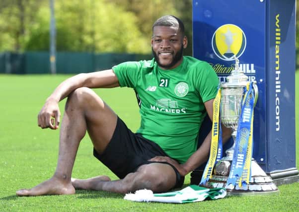 Celtic midfielder Olivier Ntcham takes some time out at Lennoxtown to promote Saturday's Scottish Cup final against Motherwell. Picture: Craig Williamson/SNS