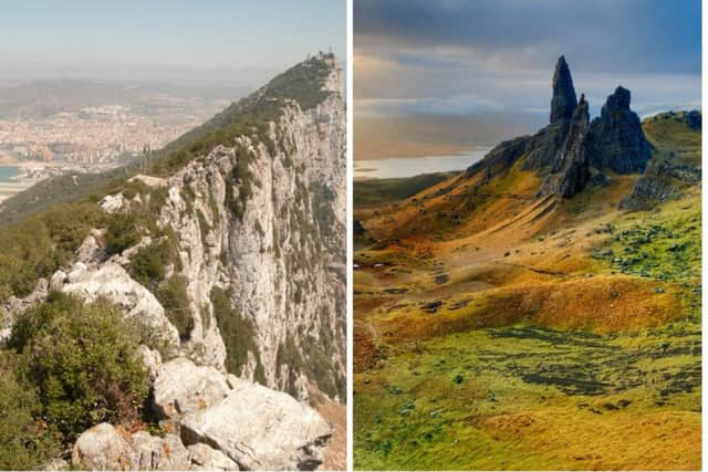 The Rock of Gibralatar (left) and the Old Man of Storr on the Isle of Skye.