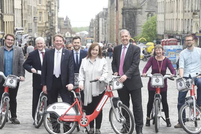 The cycle hire scheme being launched on the High Street in Edinburgh today. Picture: Greg Macvean