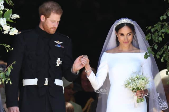 The newlyweds leaving St George's Chapel. Picture: Getty