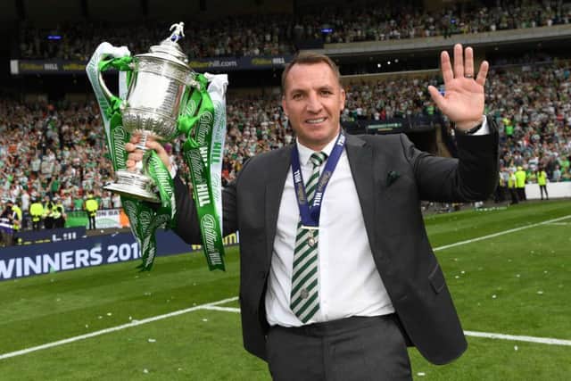 Celtic manager Brendan Rodgers with the William Hill Scottish Cup trophy. Picture: SNS/Craig Williamson