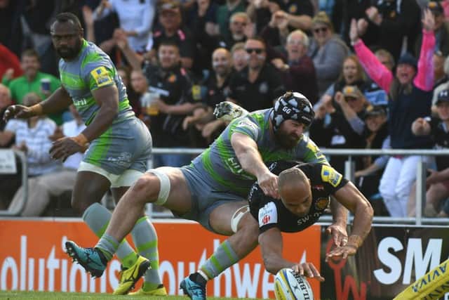 Exeter Chiefs' Olly Woodburn scores a try during the Aviva Premiership Semi Final at Sandy Park. Picture: PA.