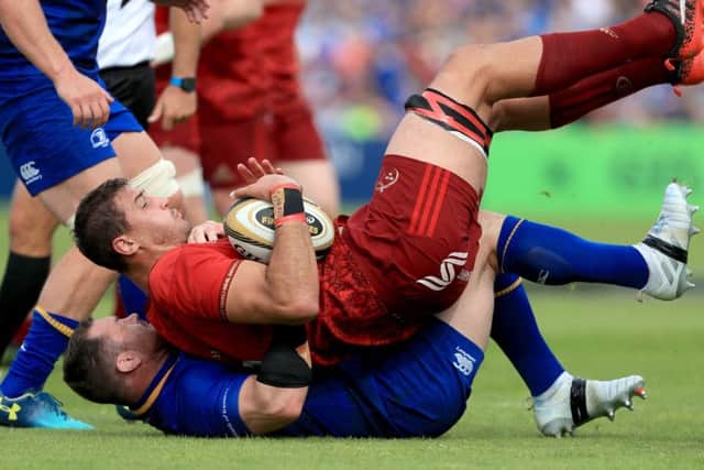 Leinster's Cian Healy with Munster's Gerbrandt Grobler during the Guinness Pro14 semi-final. Picture: PA.