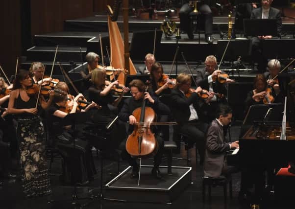 Violinist Nicola Benedetti, cellist Jan Vogler, pianist Martin Stadtfeld and the Royal Scottish National Orchestra performing Beethoven's Concerto for Piano, Violin and Cello to a sold-out audience at the Festspielhaus Bregenz, the first concert of the Orchestra's 2018 European Tour.