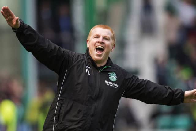 Neil Lennon celebrates Hibs' last minute equaliser against Rangers. Picture: SNS