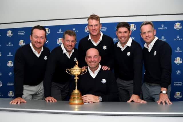 (L-R) Graeme McDowell, Lee Westwood, Robert Karlsson, Padraig Harrington and Luke Donald with European skipper Thomas Bjorn, centre. Picture: Getty
