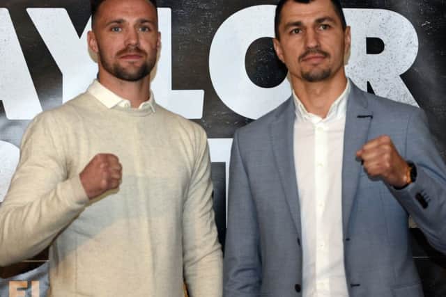 Undefeated Edinburgh fighter Josh Taylor, left, came face to face with Viktor Postol for the first time in Glasgow earlier this week. Picture: Jen Charlton