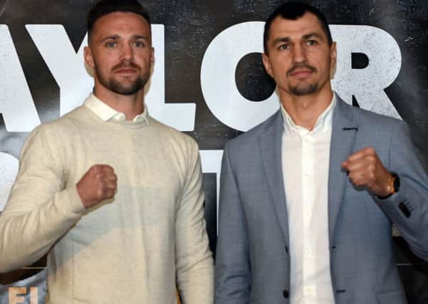 Undefeated Edinburgh fighter Josh Taylor, left, came face to face with Viktor Postol for the first time in Glasgow earlier this week. Picture: Jen Charlton
