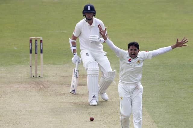 Pakistan's Mohammad Abbas celebrates taking the wicket of England's Stuart Broad. Picture: Adrian Dennis/AFP/Getty Images