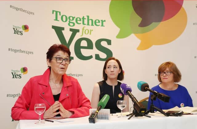 Together for Yes leaders Ailbe Smyth, Grainne Griffin and Orla OConnor hold their final press conference in Dublin after their successful campaign to legalise abortion. Picture: PA