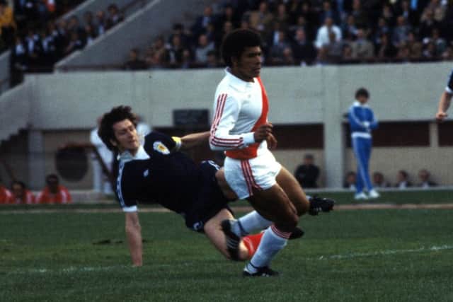 Bruce Rioch tackles Peru's Hector Chumpitaz during Scotland's 3-1 defeat in Cordoba at the 1978 World Cup. Picture: Daily Mail/REX/Shutterstock