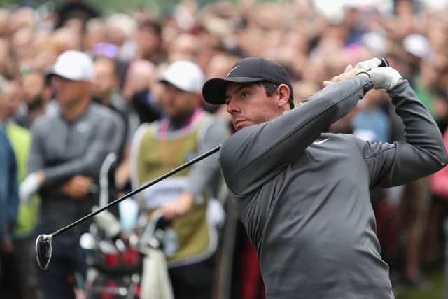 Rory McIlroy tees off on the 17th hole during the second round at Wentworth. Picture: Getty.