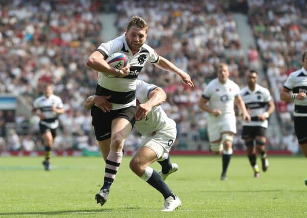 Stand-off Finn Russell crosses for his try at Twickenham. Picture: PA.
