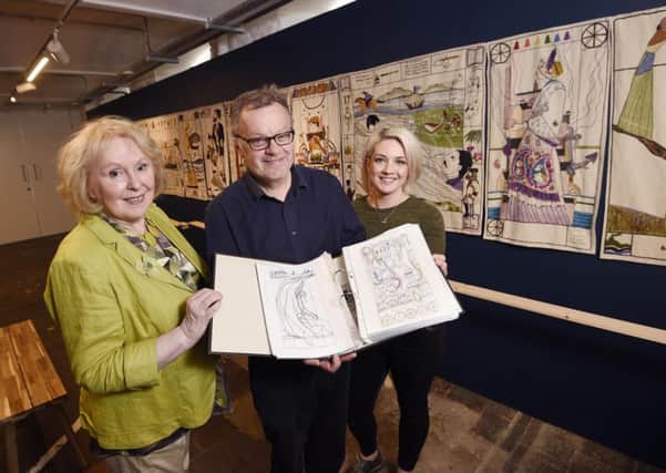 Illustrator Andrew Crummy joins Dorie Wilkie (Head Stitcher, left) and Evelyn Whitelaw (New Lanark Exhibitions Officer, right) at the exhibition.