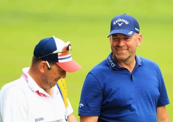 Thomas Bjorn with his caddie during the BMW PGA Championship at Wentworth. Picture: Andrew Redington/Getty Images