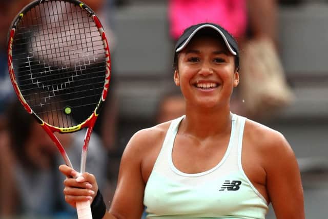 Heather Watson celebrates her win over Oceane Dodin of France at Roland Garros. Picture: Clive Brunskill/Getty Images