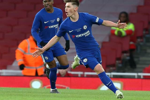 Chelsea's Billy Gilmour celebrates his goal in the FA Youth Cup final 2nd leg against Arsenal U18. Picture: Kieran Galvin/NurPhoto via Getty Images